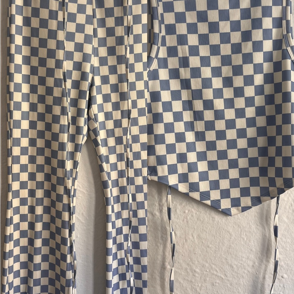 Elodie Blue and Cream Checkered Pants / Crop Top SET